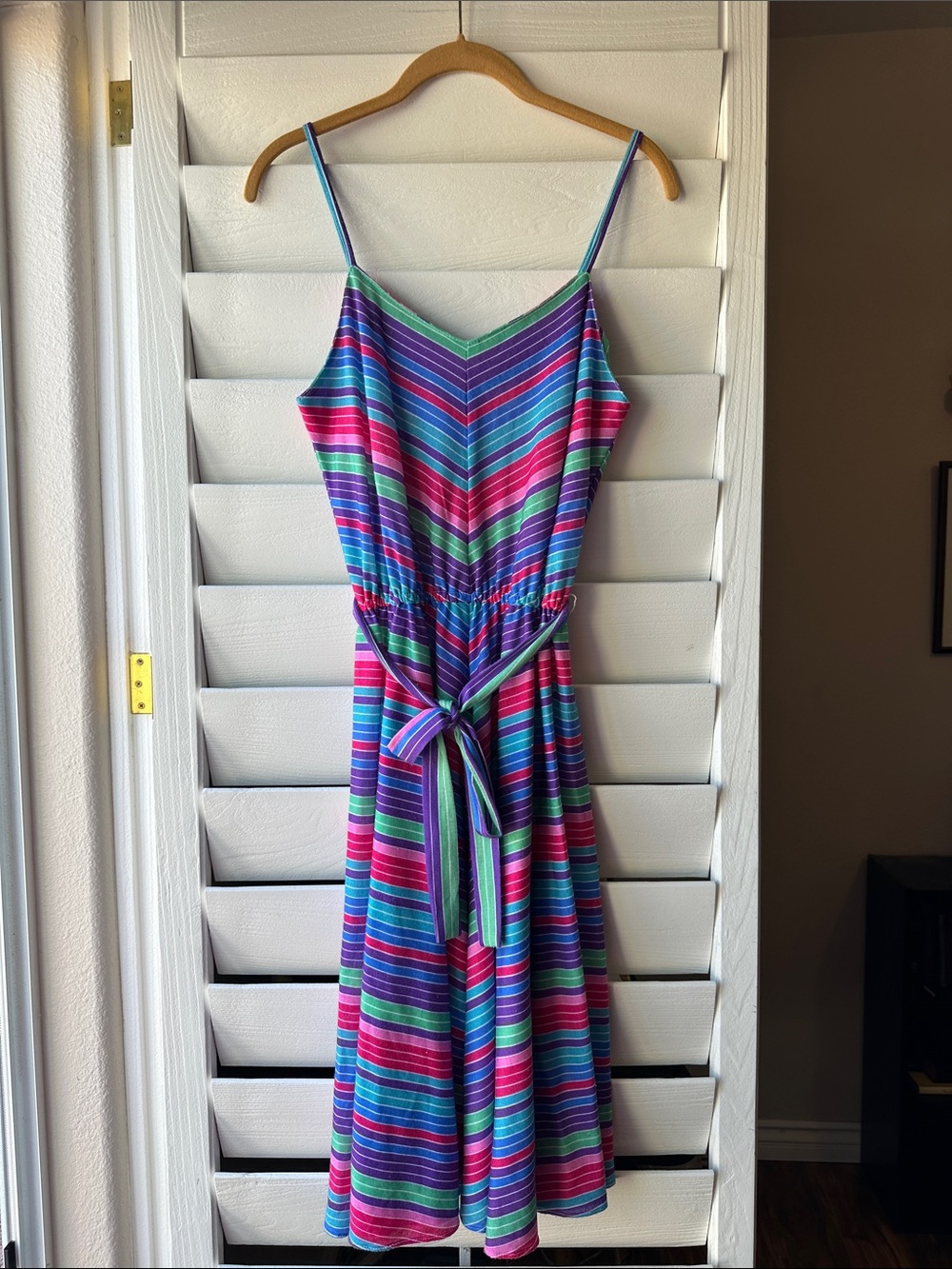 Vintage Chevron Rainbow Striped Oops California 70s Dress Sundress Belt